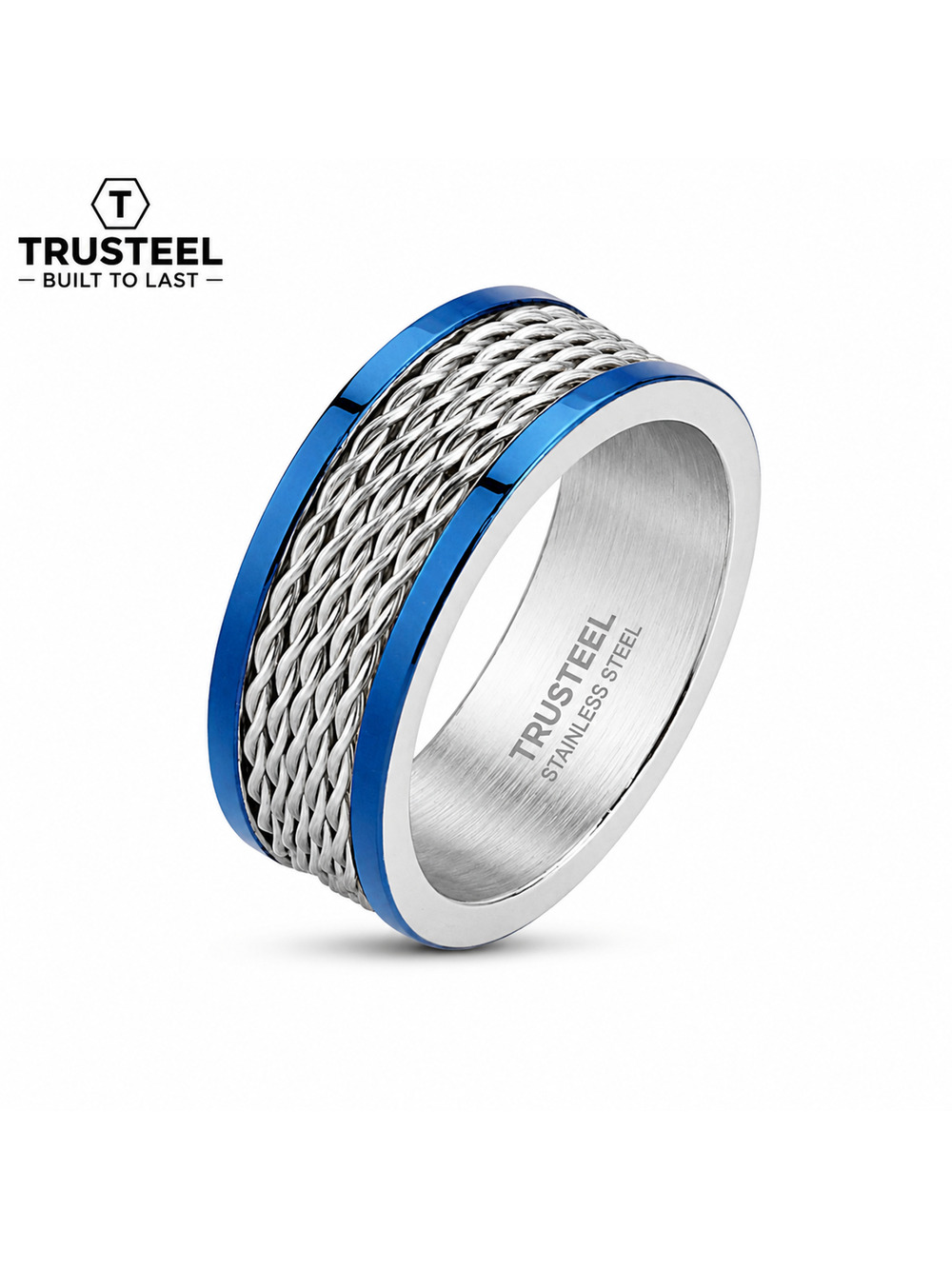 Men’s Multi Wire Inlay 316L Stainless Steel Band Ring Blue Band 8mm size 11